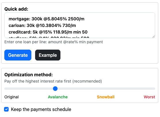 Quick add box and optimization method slider